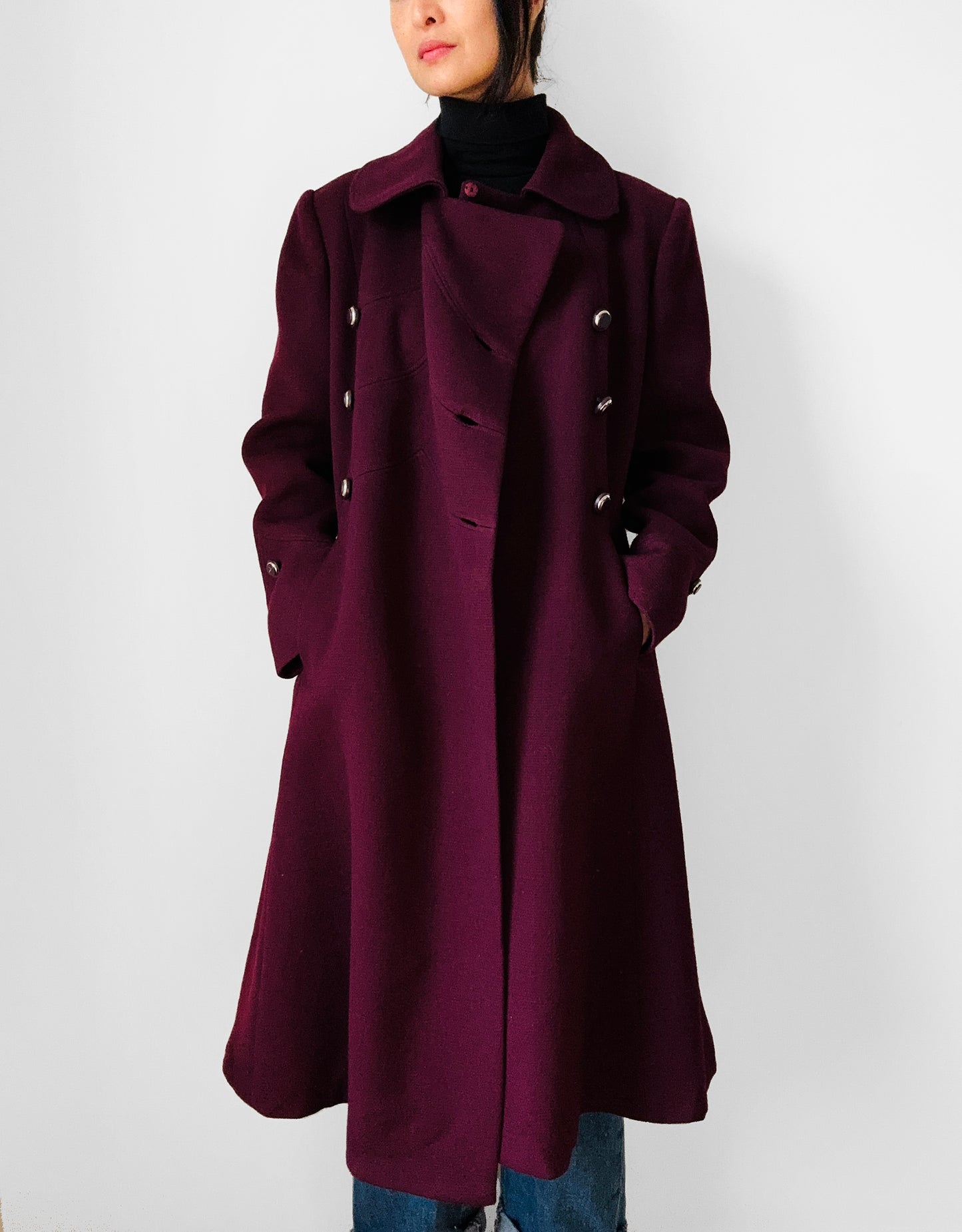 1960s - 1970s Plum Heavy Wool Lined A-line Dress Coat - Sz. Sm