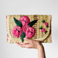 1960s Pink Embroidered Floral Woven Straw Clutch Purse