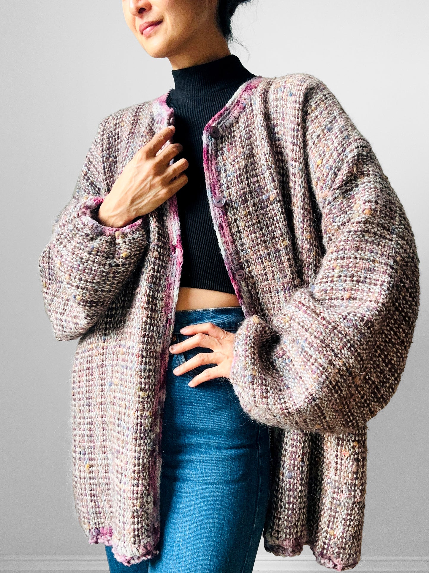 1980s Handknit Mixed Yarn Wool Oversized Cardigan - Sz. O/S