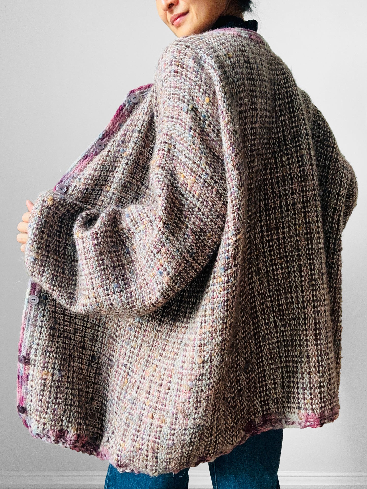 1980s Handknit Mixed Yarn Wool Oversized Cardigan - Sz. O/S