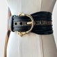 1970s - 1980s Wide Black and Gold Leather Cat Head Belt  - Sz. M/L