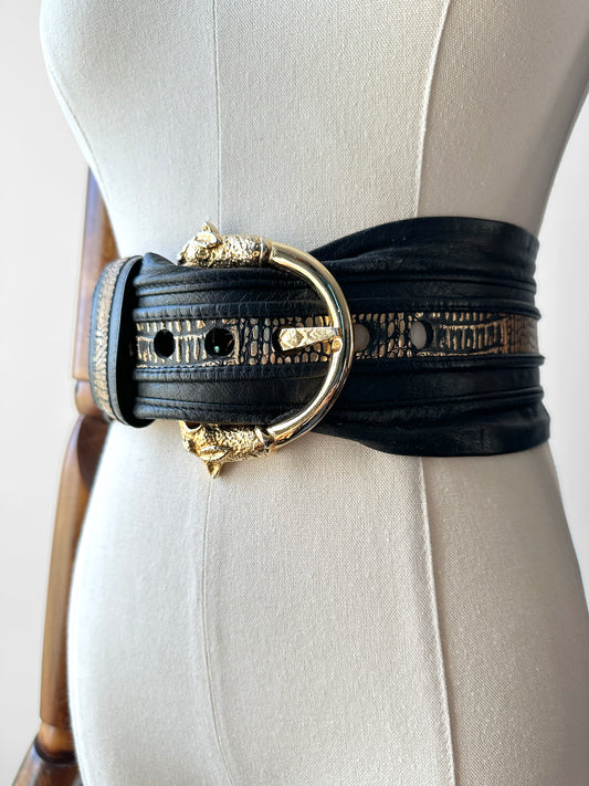 1970s - 1980s Wide Black and Gold Leather Cat Head Belt  - Sz. M/L