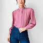 1970s Mauve Applique Pleated High-Neck Blouse - Sz. S