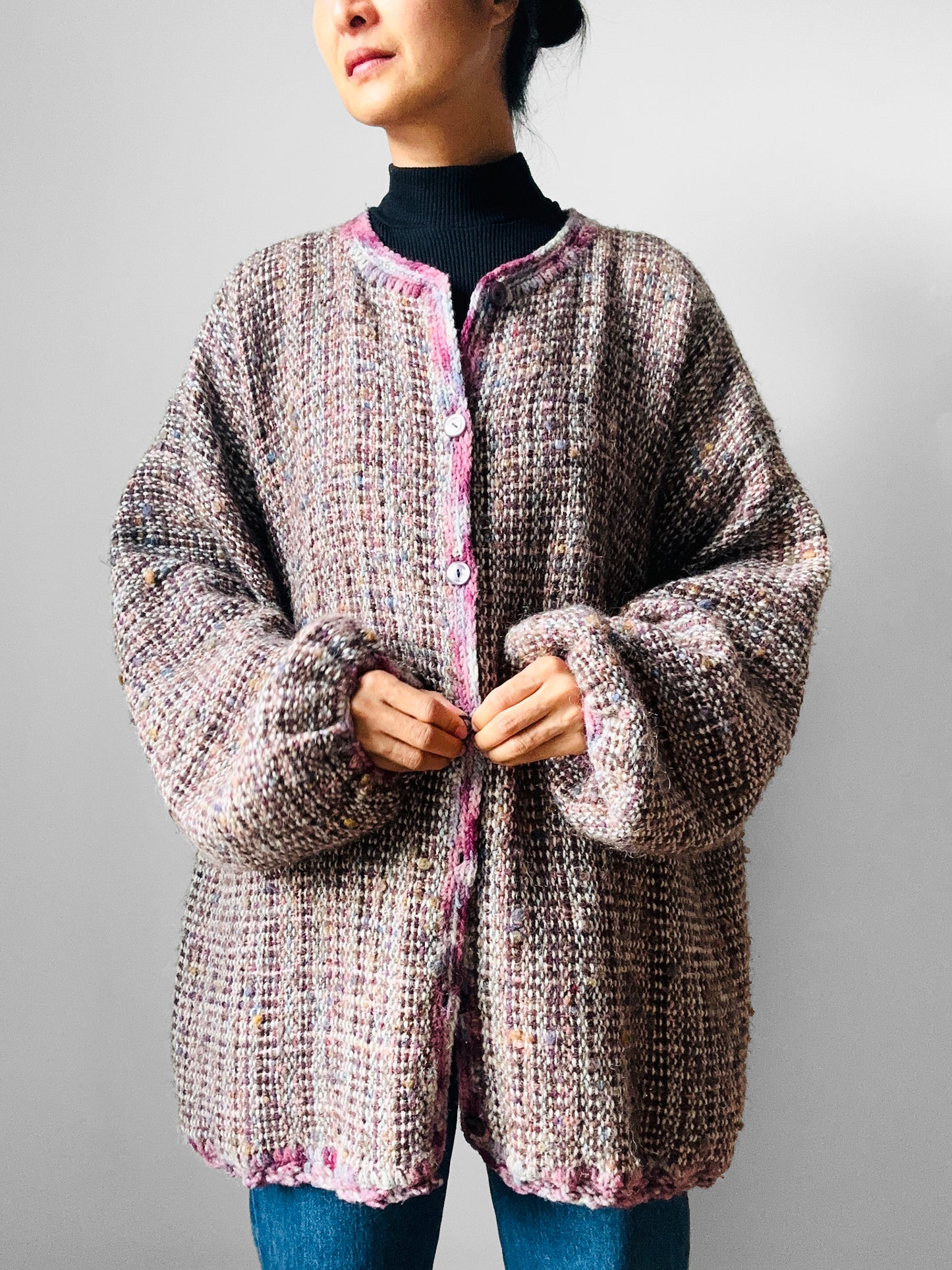1980s Handknit Mixed Yarn Wool Oversized Cardigan - Sz. O/S