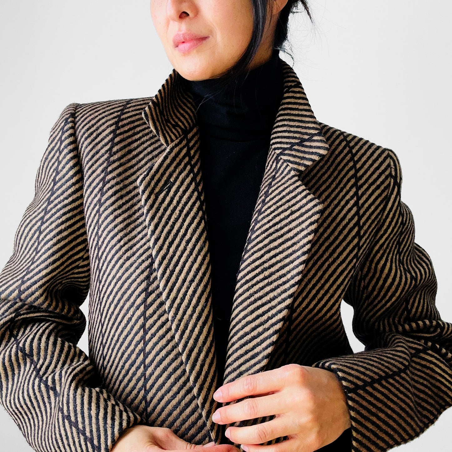 1980s Golden Beige and Black Stripe Wool Harve Benard Blazer - Sz. S