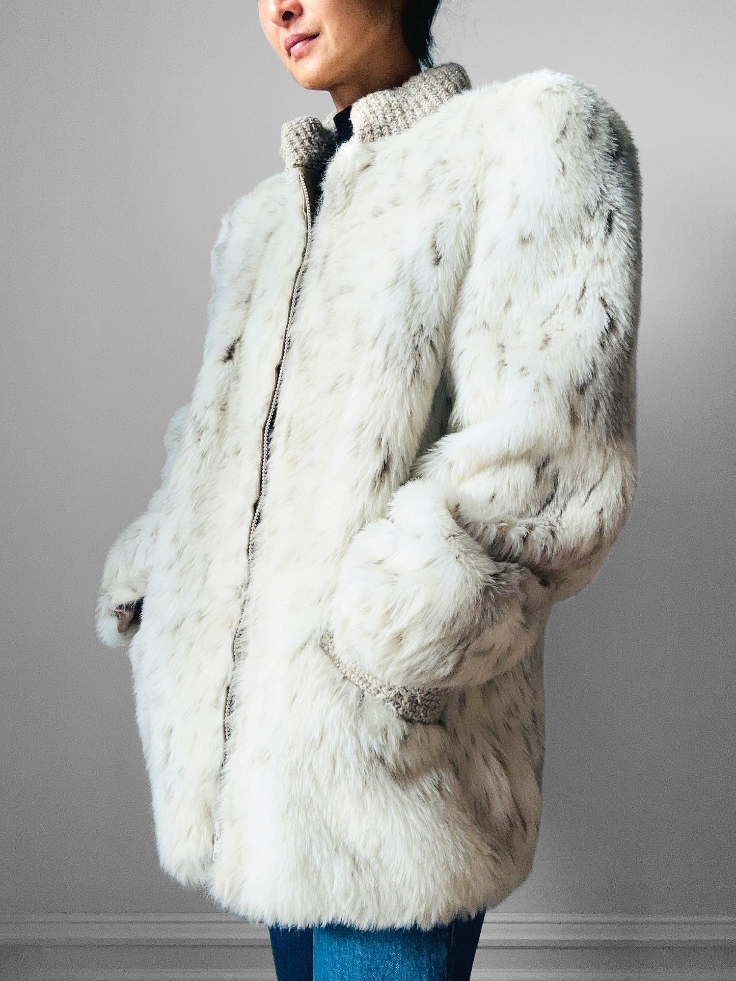 1980s Faux Fur Snow Leopard fax leather knit detail zip jacket - Sz. M/L