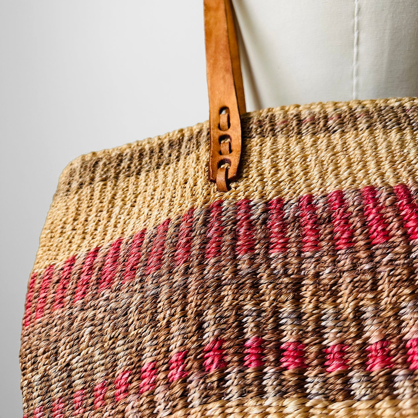 Pink and Tan Woven Straw Leather Strap Basket Tote Bag