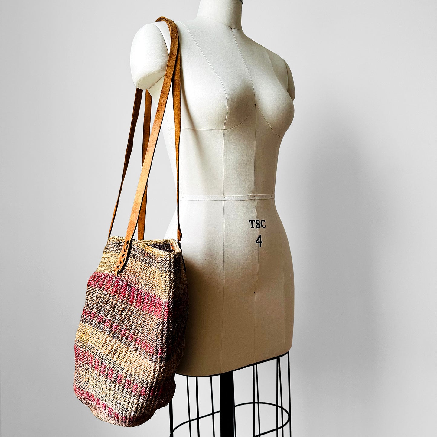 Pink and Tan Woven Straw Leather Strap Basket Tote Bag