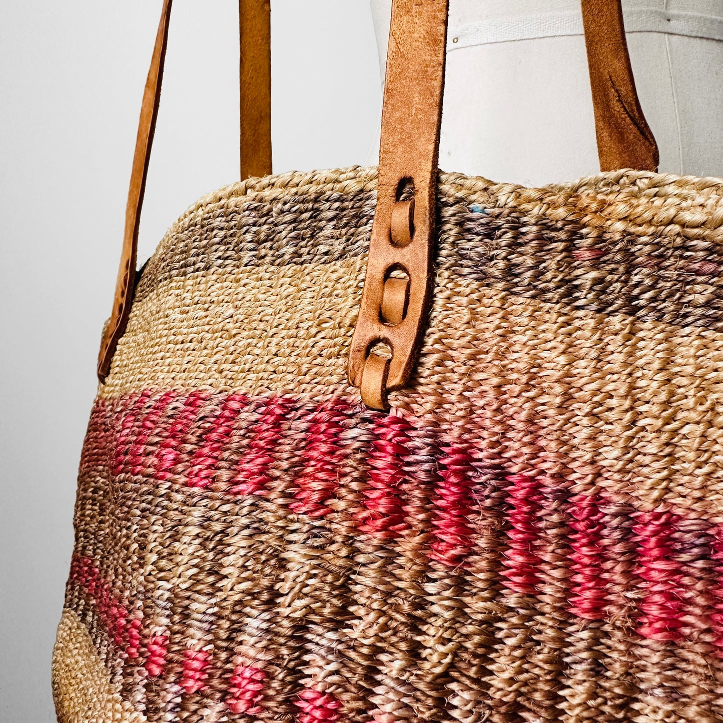 Pink and Tan Woven Straw Leather Strap Basket Tote Bag