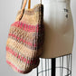 Pink and Tan Woven Straw Leather Strap Basket Tote Bag