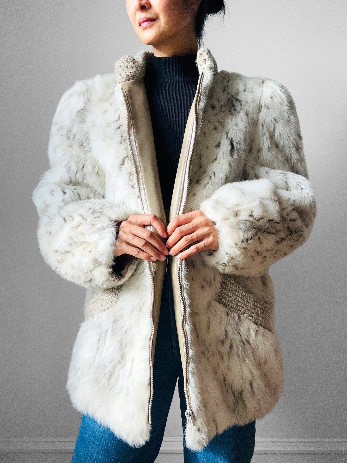 1980s Faux Fur Snow Leopard fax leather knit detail zip jacket - Sz. M/L