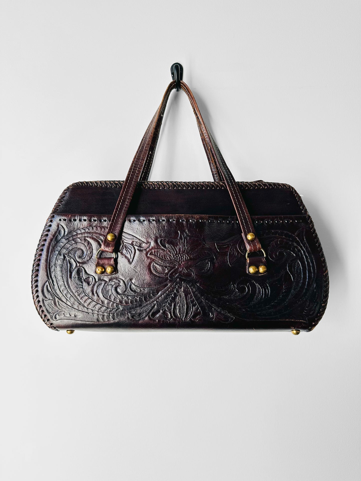 1960s - 1970s Dark Maroon Brown Tooled Leather Handbag
