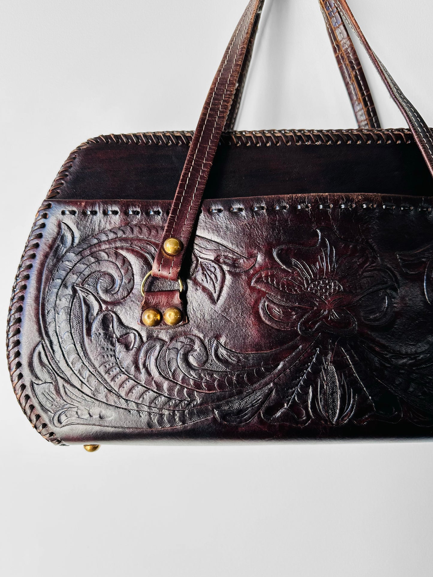 1960s - 1970s Dark Maroon Brown Tooled Leather Handbag