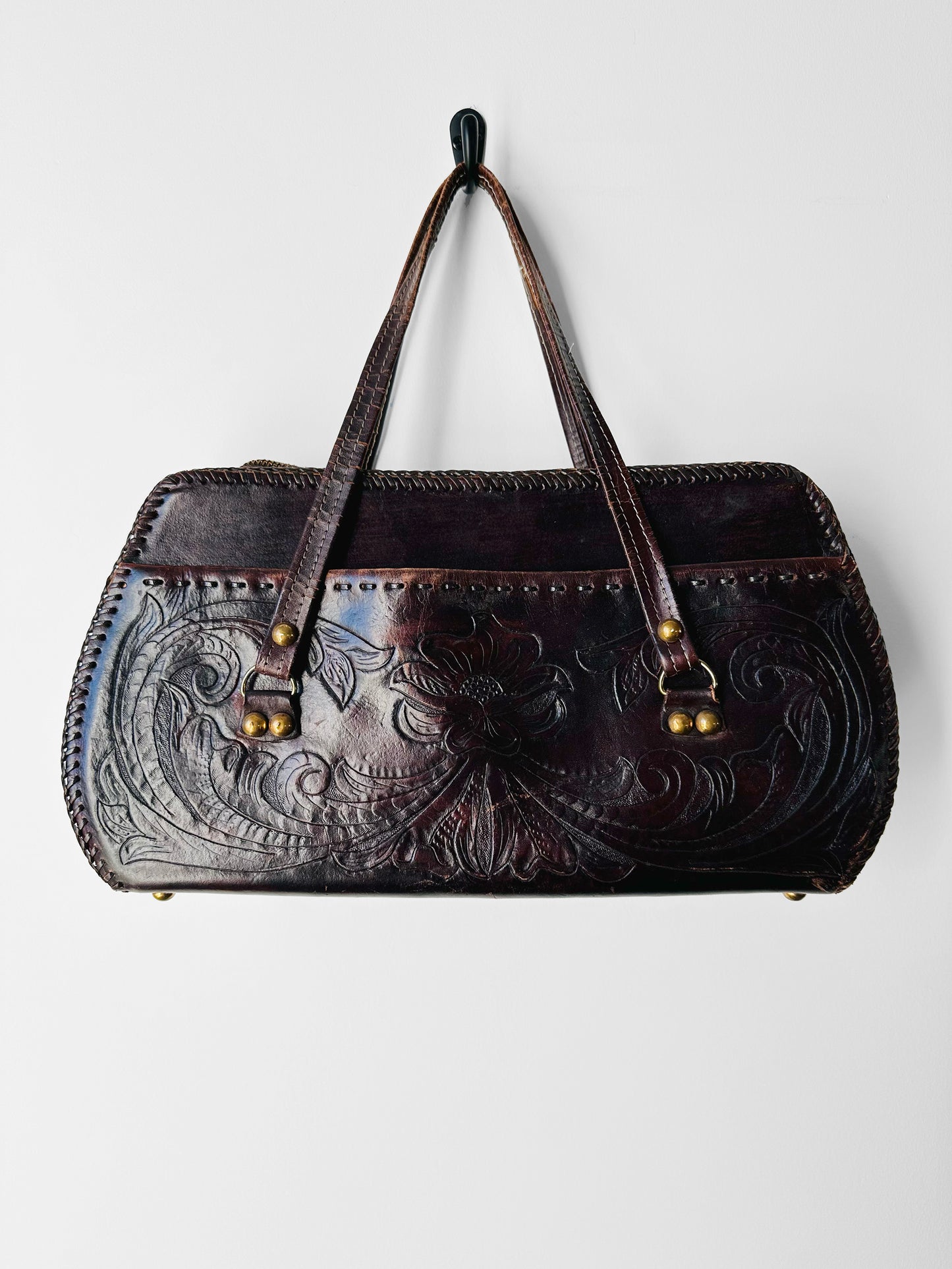 1960s - 1970s Dark Maroon Brown Tooled Leather Handbag