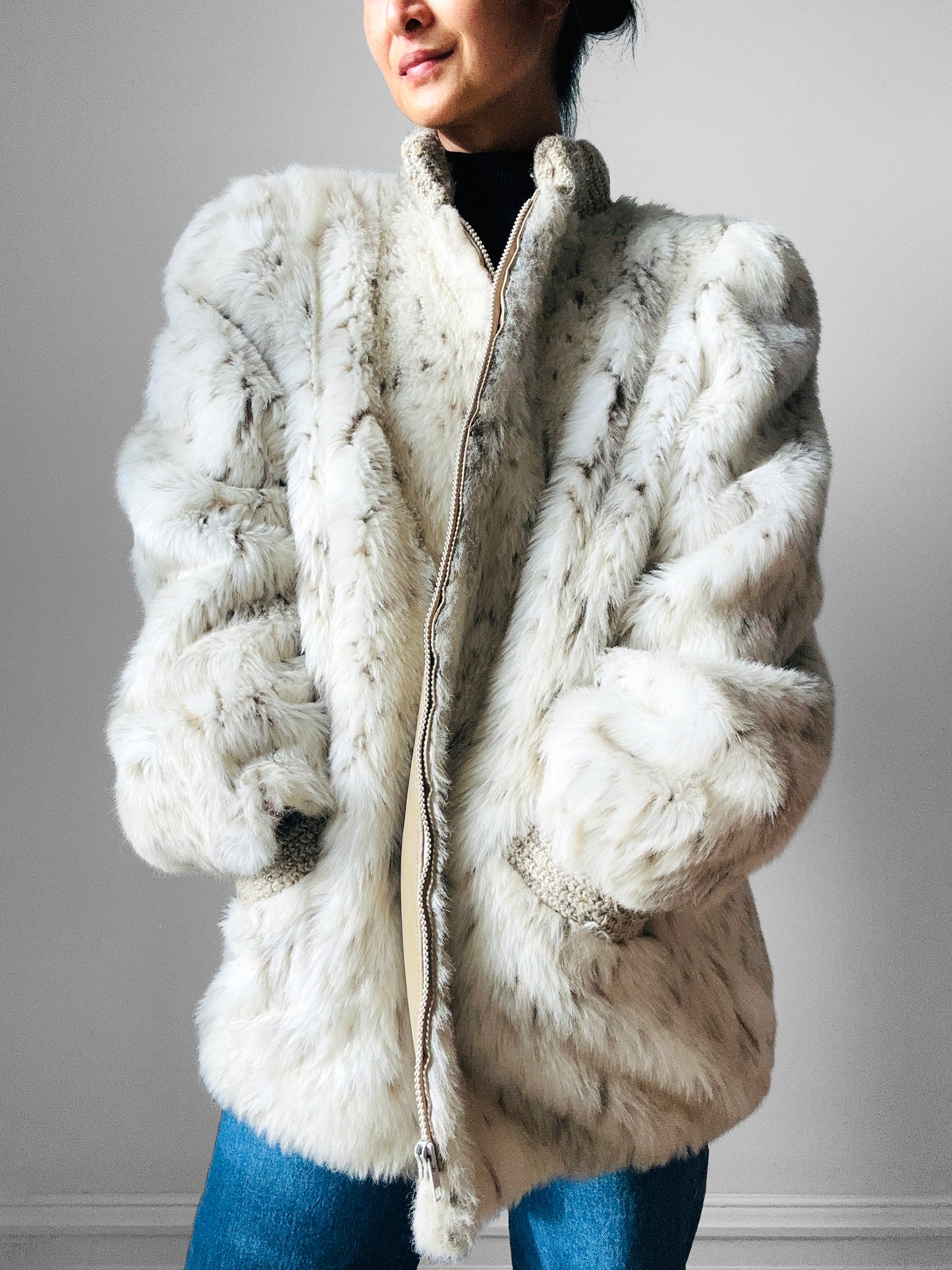 1980s Faux Fur Snow Leopard fax leather knit detail zip jacket - Sz. M/L