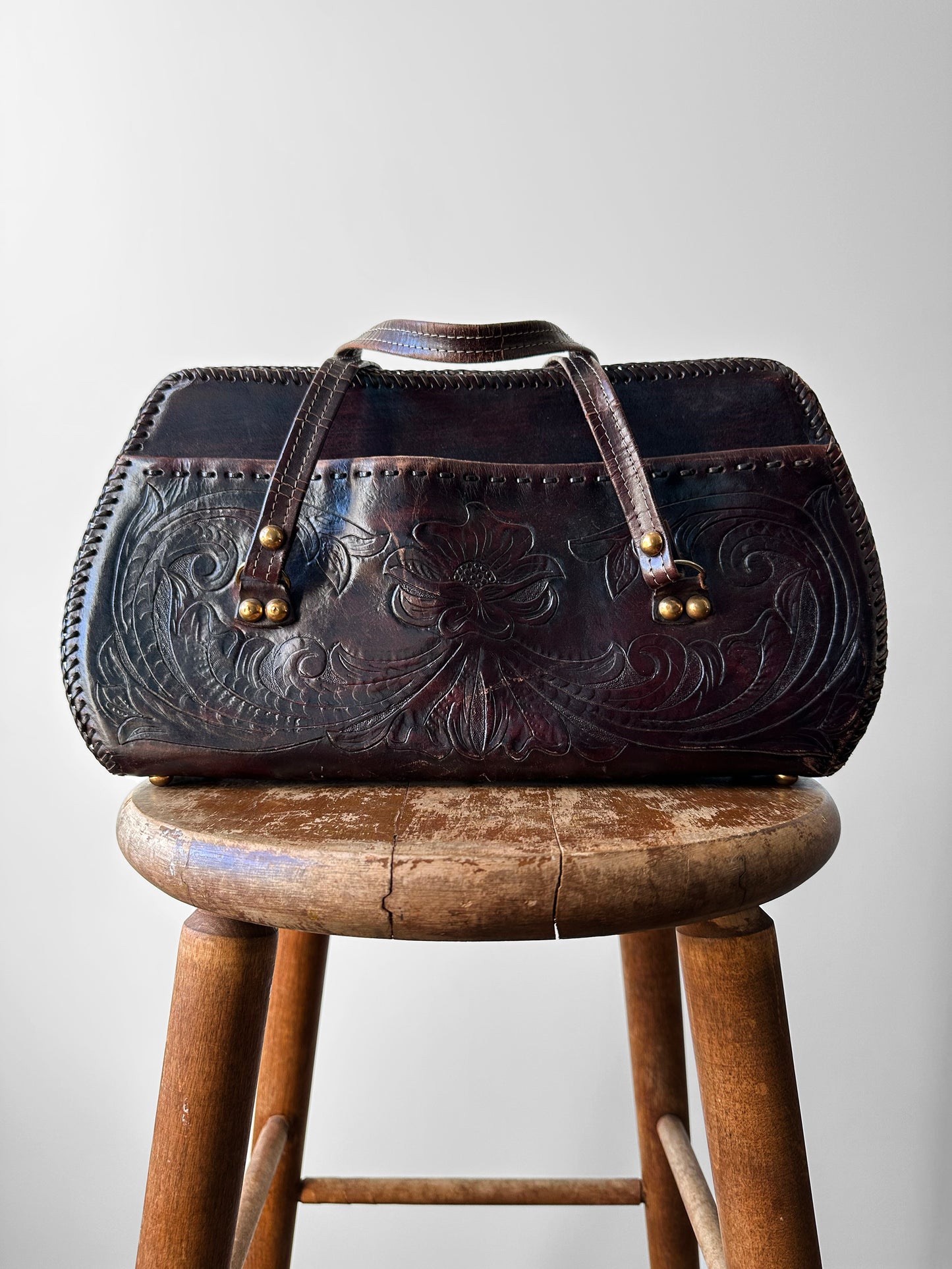 1960s - 1970s Dark Maroon Brown Tooled Leather Handbag