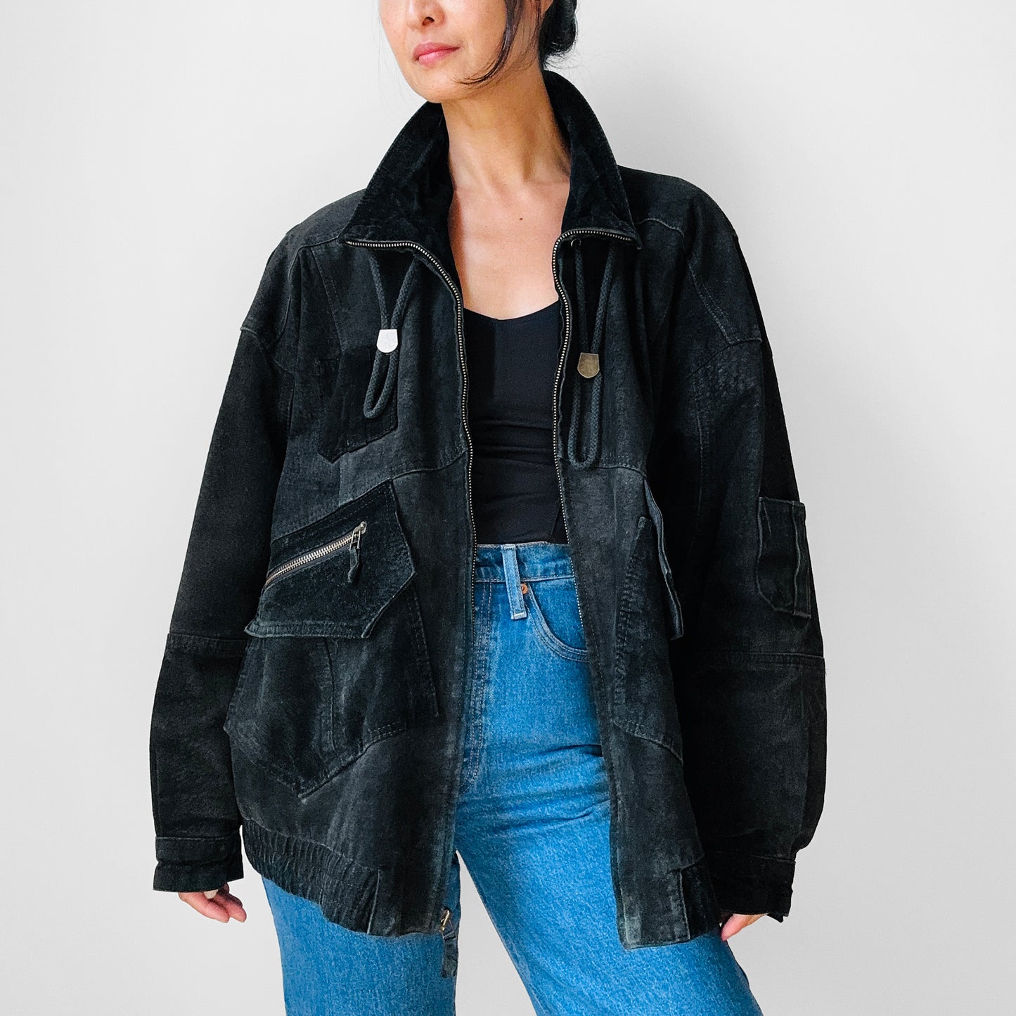 1980s Black Well Worn Suede Leather Bomber Style Jacket - O/S