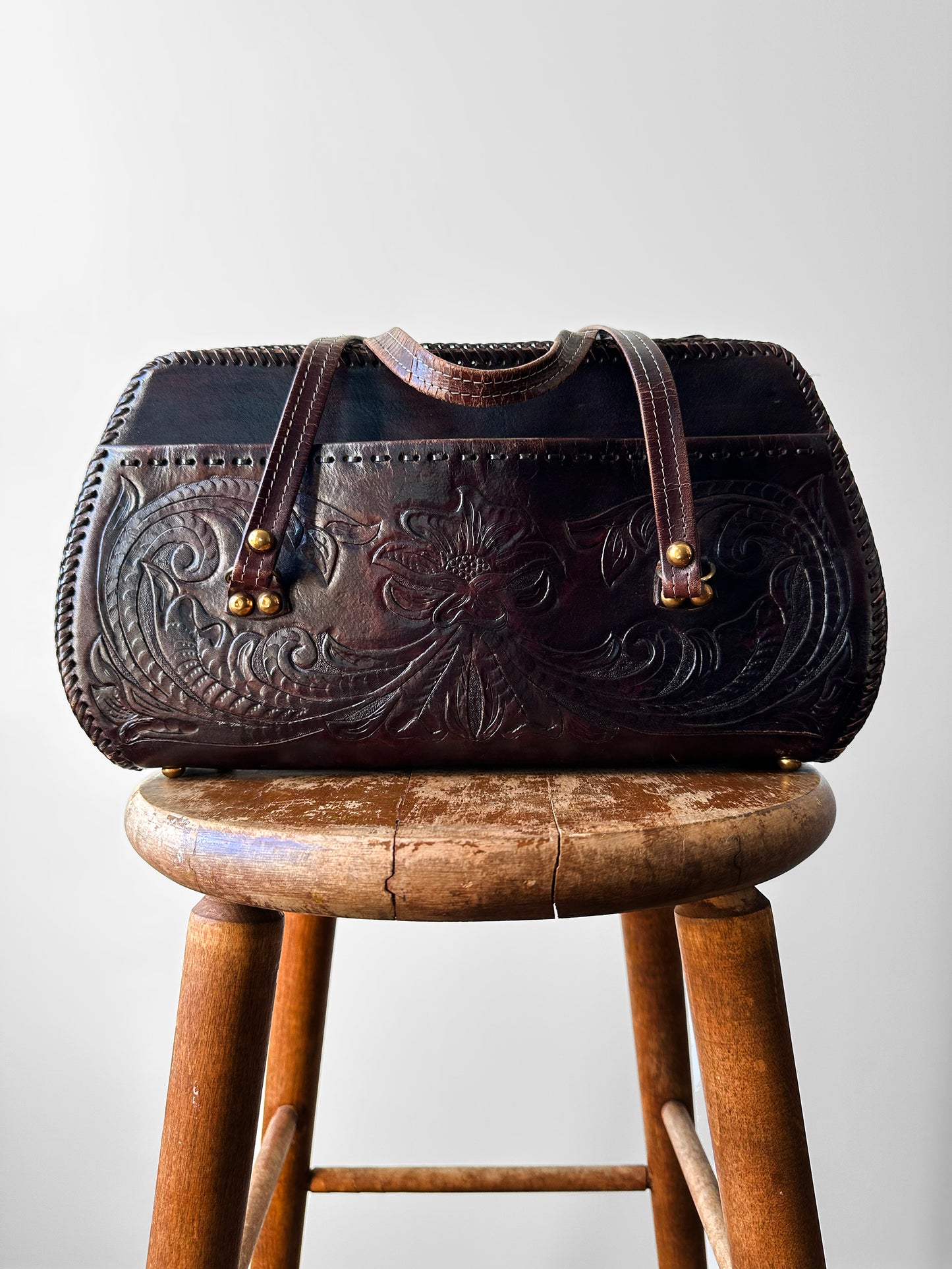 1960s - 1970s Dark Maroon Brown Tooled Leather Handbag