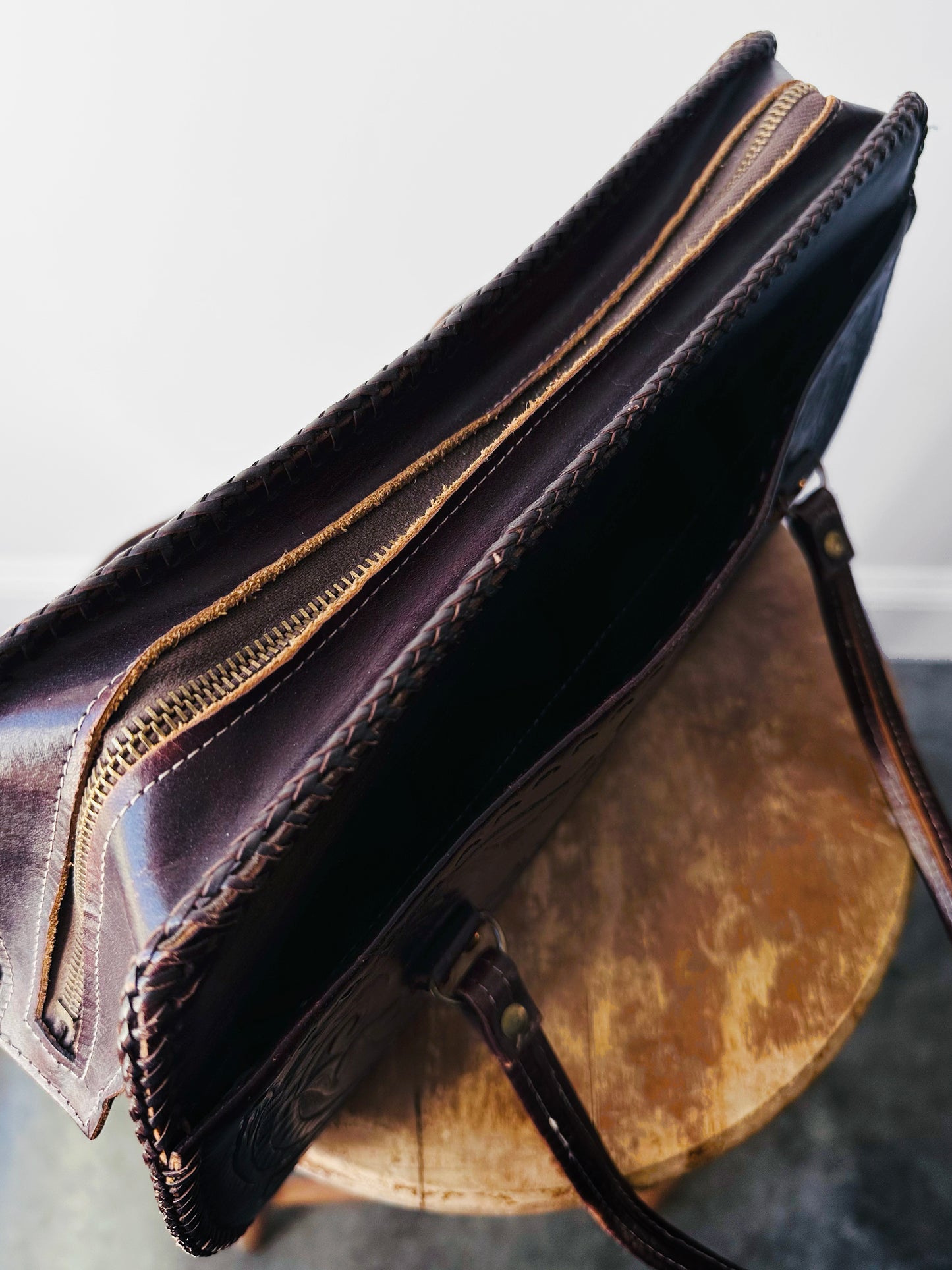 1960s - 1970s Dark Maroon Brown Tooled Leather Handbag