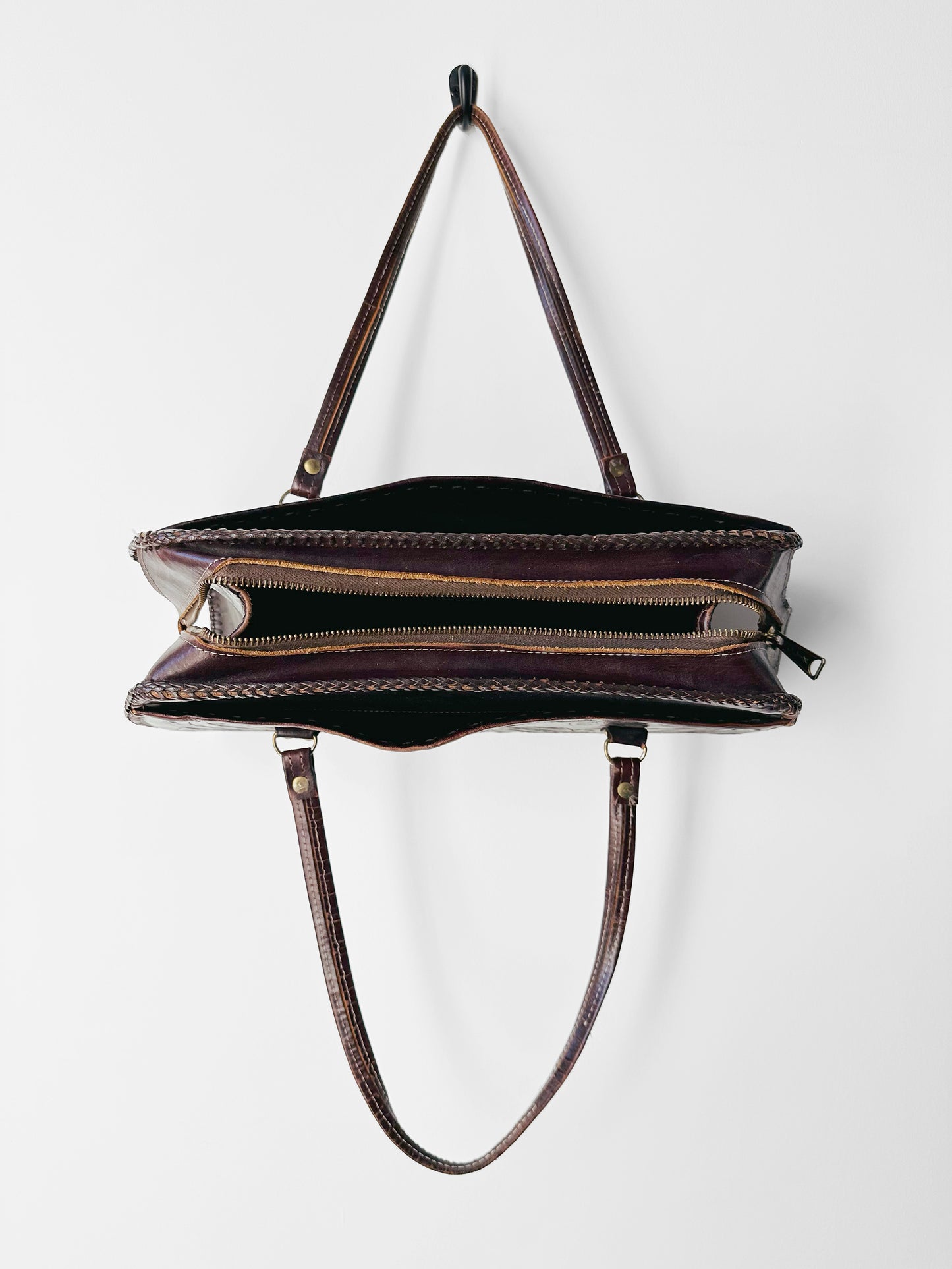 1960s - 1970s Dark Maroon Brown Tooled Leather Handbag