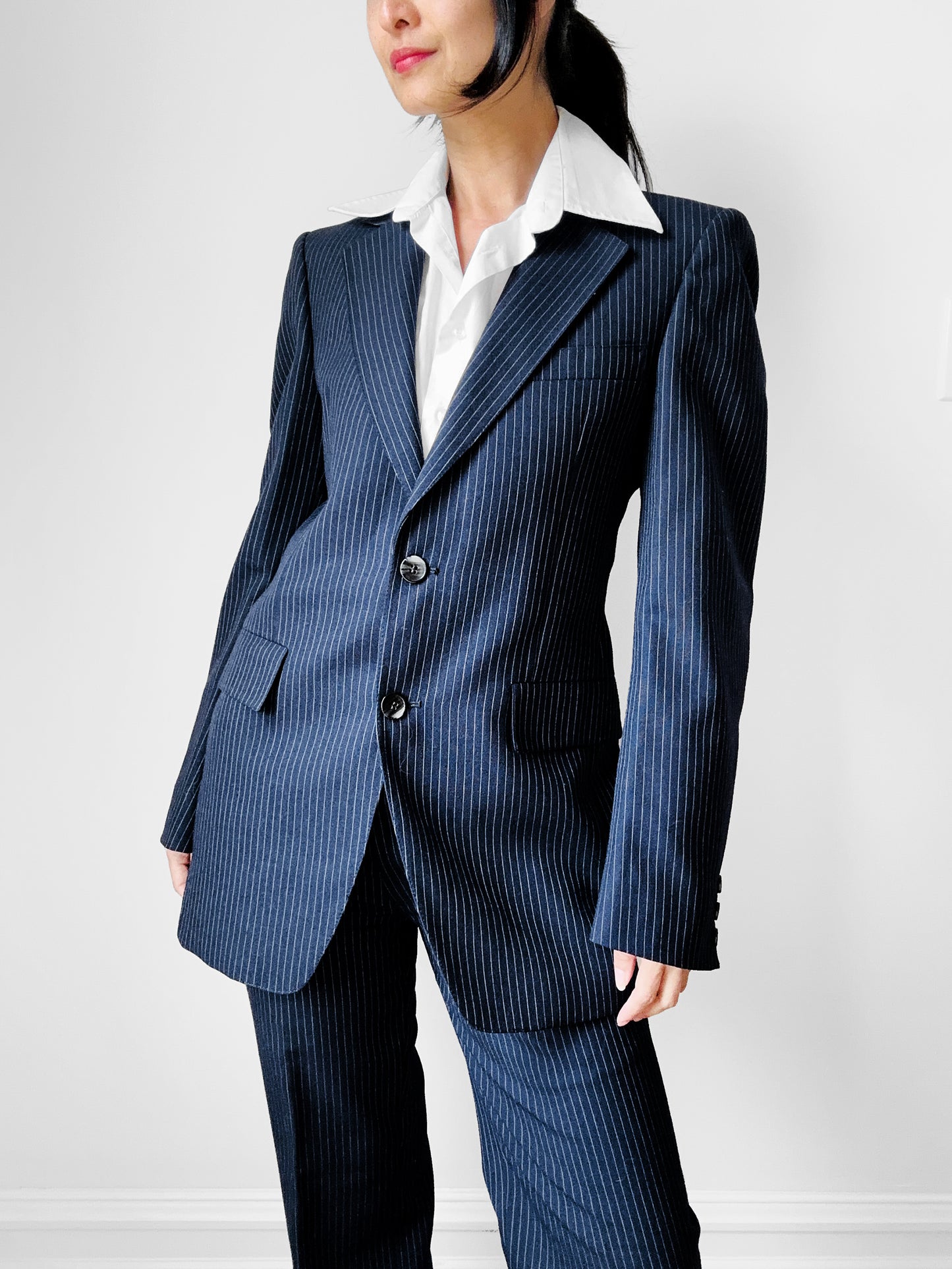 1970s Navy Blue Pinstripe Gender Fluid Pant Suit - Sz. XS/S