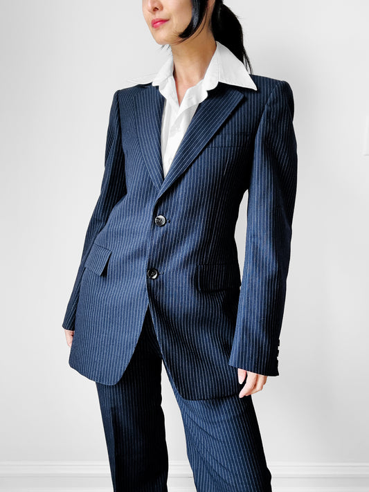 1970s Navy Blue Pinstripe Gender Fluid Pant Suit - Sz. XS/S