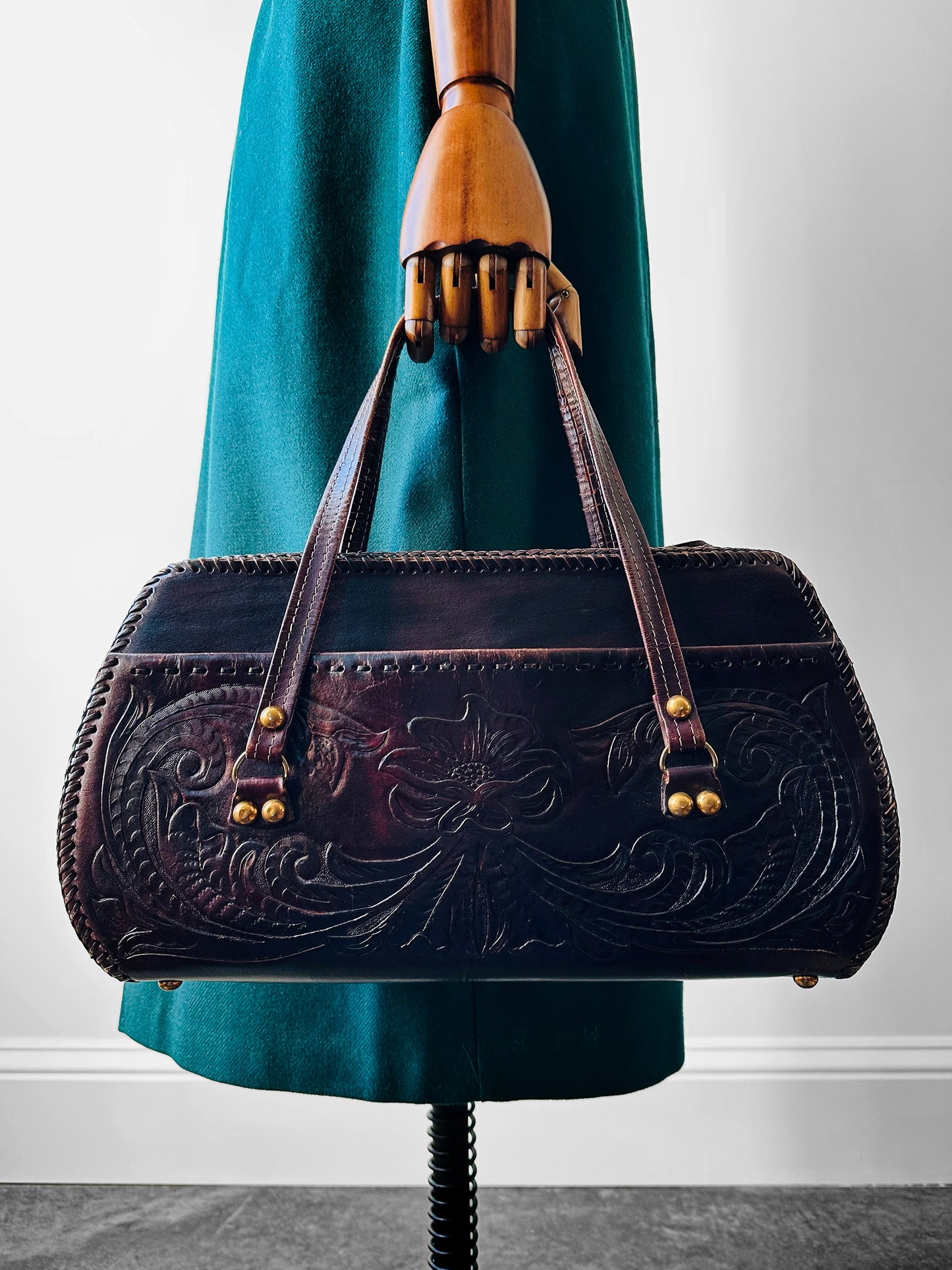 1960s - 1970s Dark Maroon Brown Tooled Leather Handbag