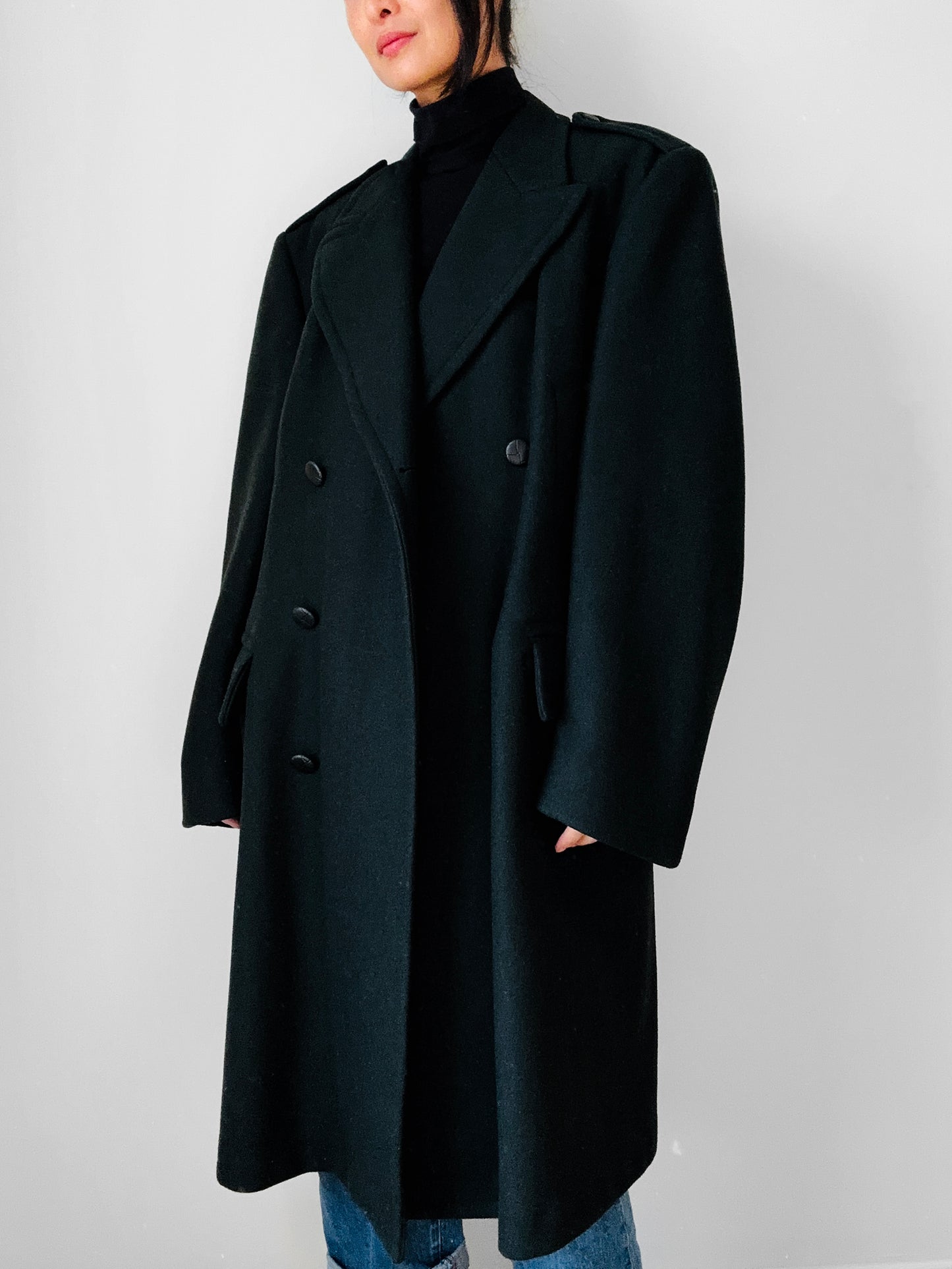 Hunter Green Double-Breasted Heavy Wool Military Trench Overcoat - Sz. M/L