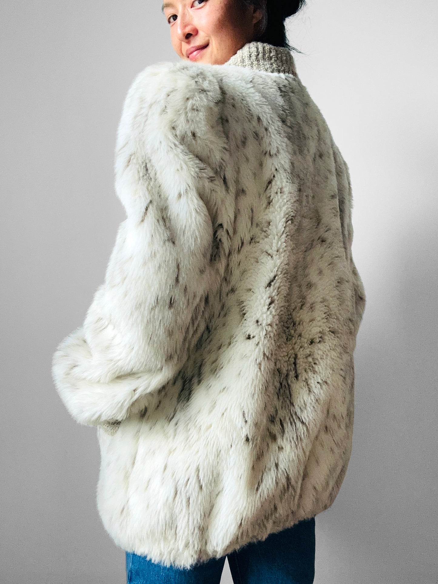 1980s Faux Fur Snow Leopard fax leather knit detail zip jacket - Sz. M/L