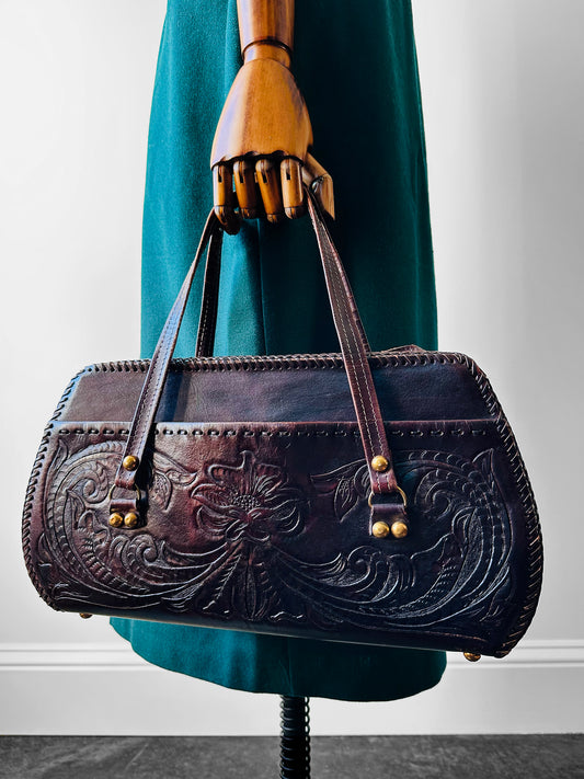 1960s - 1970s Dark Maroon Brown Tooled Leather Handbag