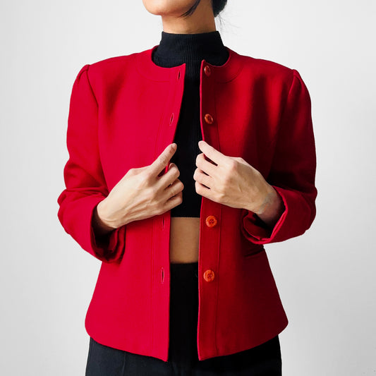 1970s - 1980s Red Wool Blend Button Front Collarless Jacket - Sz. S