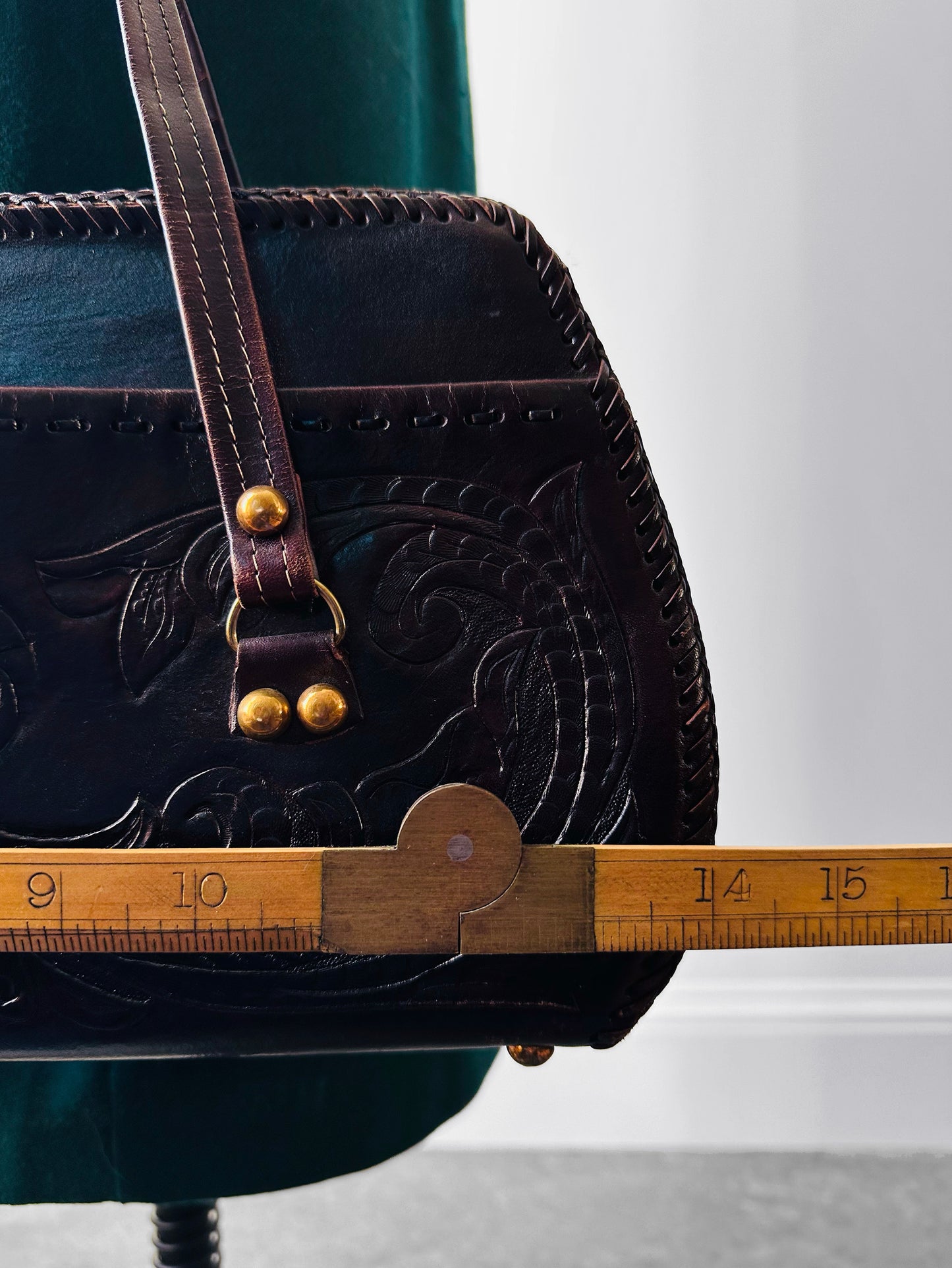 1960s - 1970s Dark Maroon Brown Tooled Leather Handbag