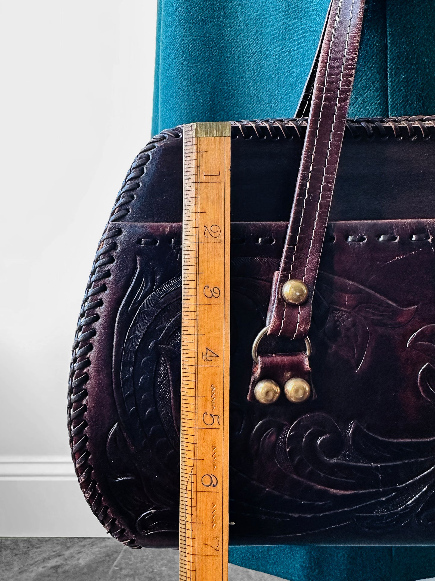 1960s - 1970s Dark Maroon Brown Tooled Leather Handbag