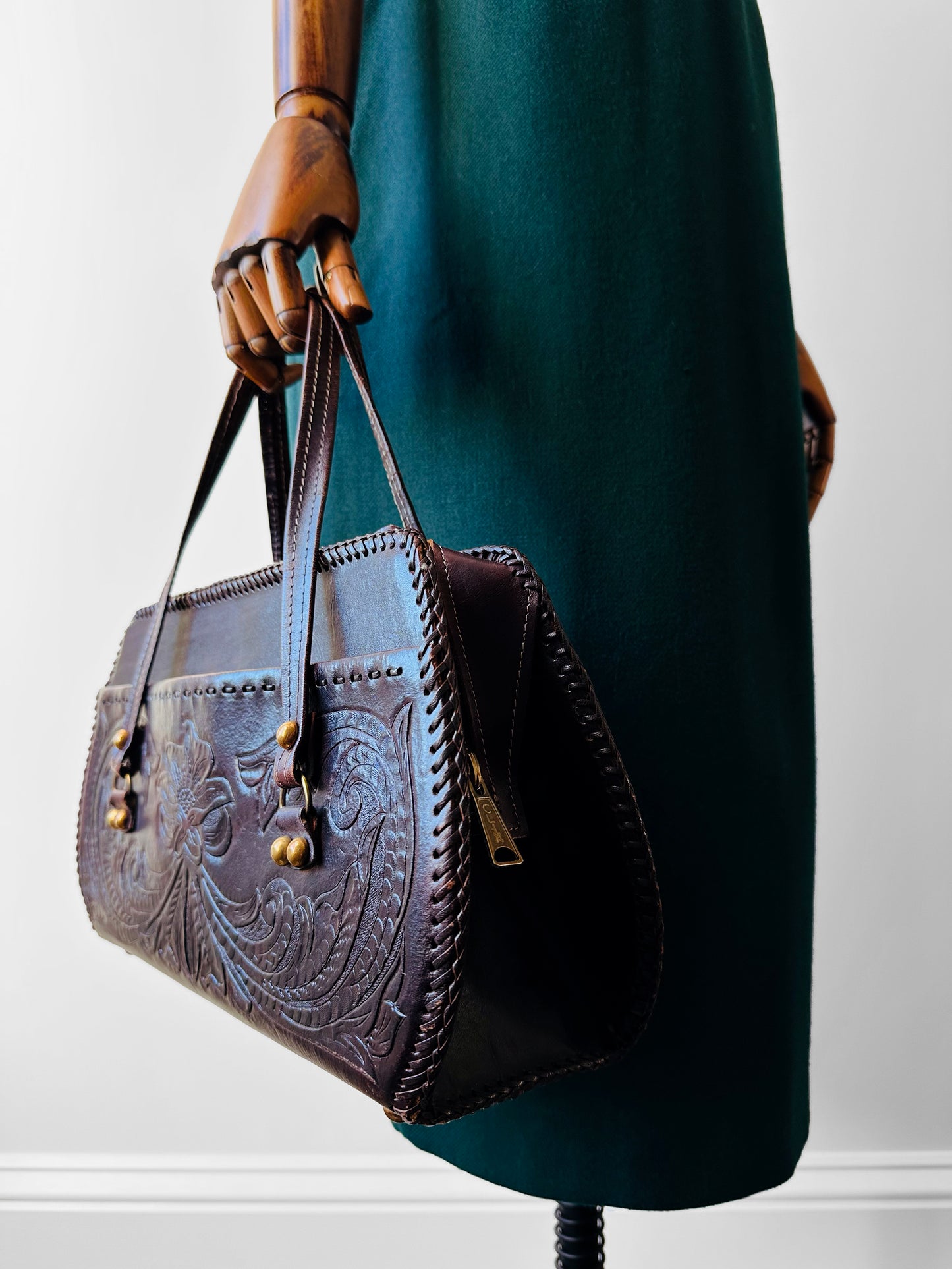 1960s - 1970s Dark Maroon Brown Tooled Leather Handbag