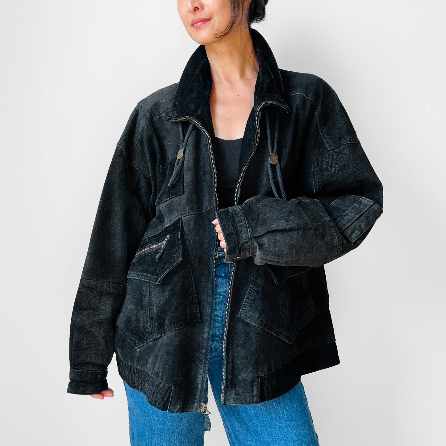 1980s Black Well Worn Suede Leather Bomber Style Jacket - O/S