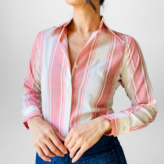 1970s Stripe Pink and Cream Collared Shirt -  Sz. XXS