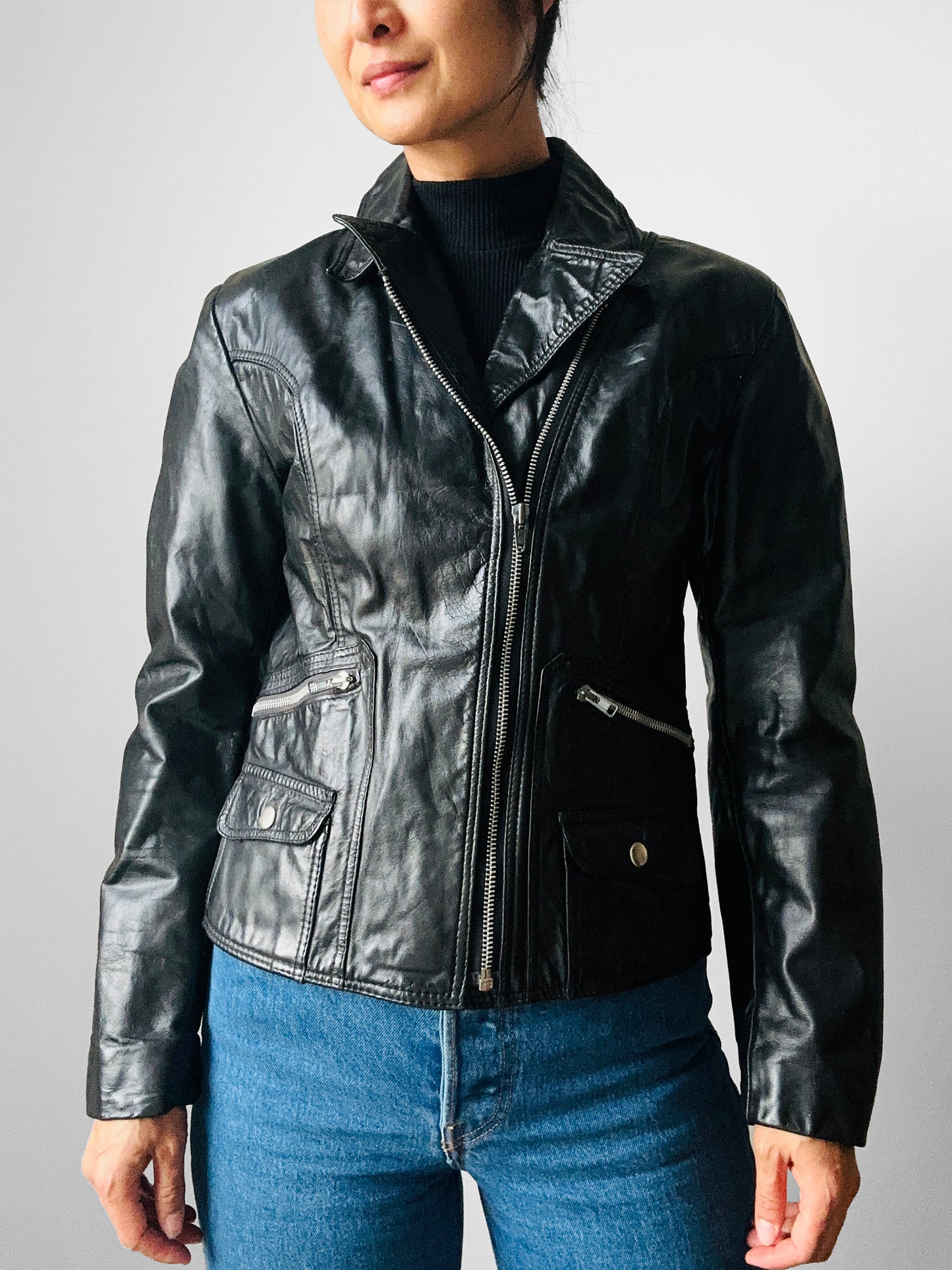 1970s - 1980s Black Asymmetrical Zippered Leather Biker Jacket - Sz. S