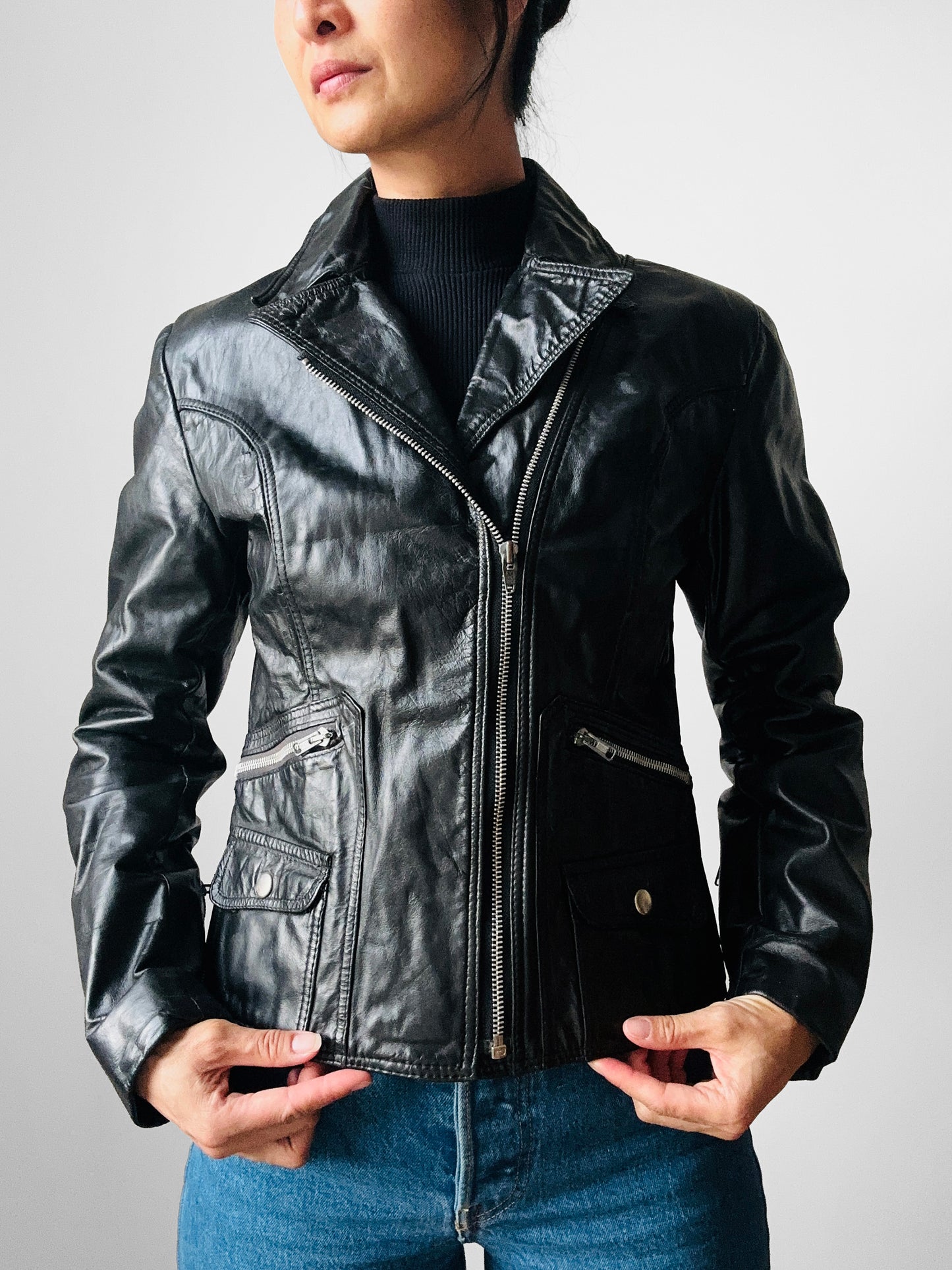 1970s - 1980s Black Asymmetrical Zippered Leather Biker Jacket - Sz. S