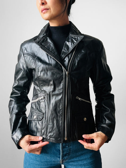 1970s - 1980s Black Asymmetrical Zippered Leather Biker Jacket - Sz. S