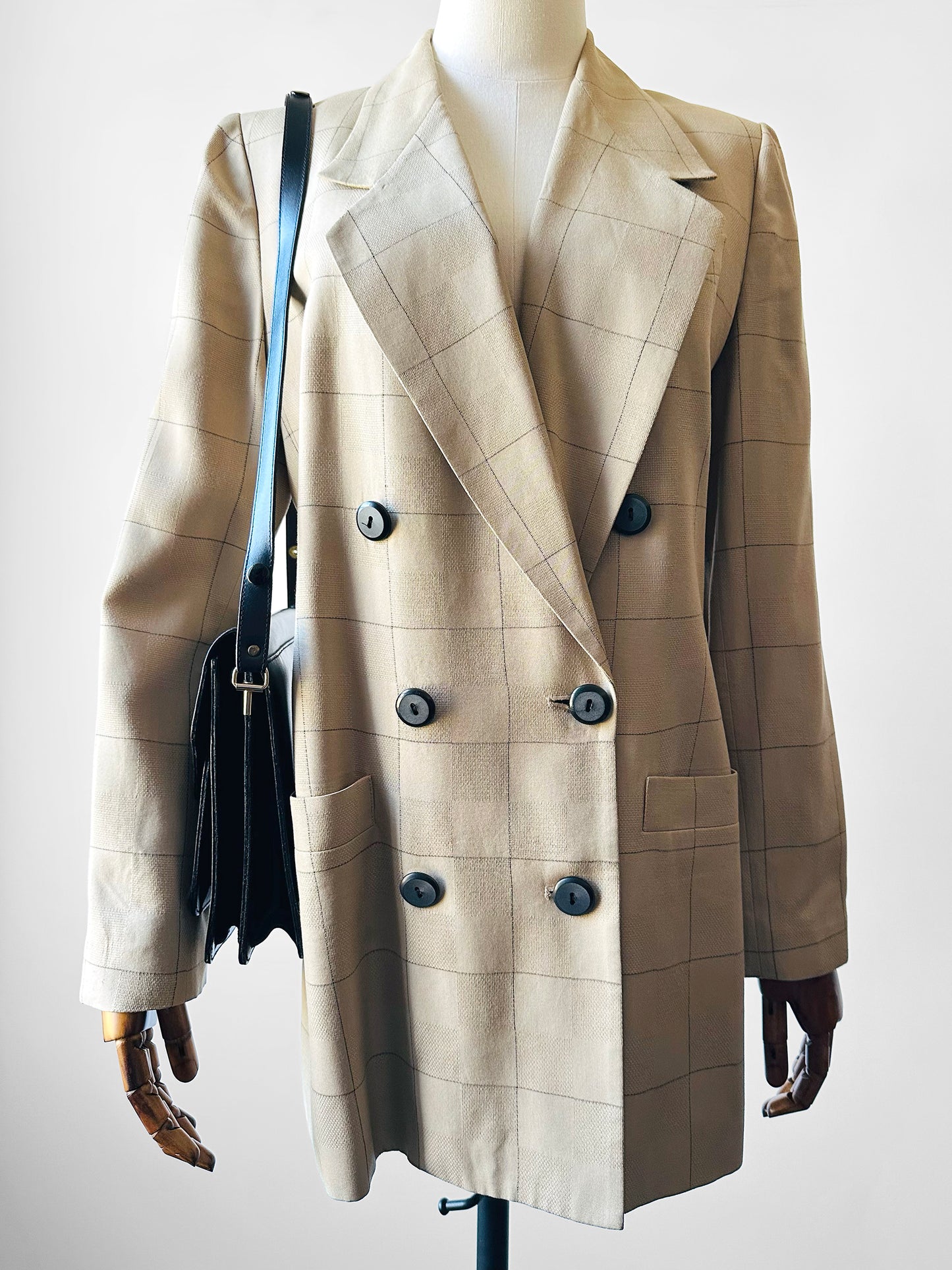 1980s - 1990s Kasper Light Beige Check Double-Breasted Blazer Jacket - Sz. S/M