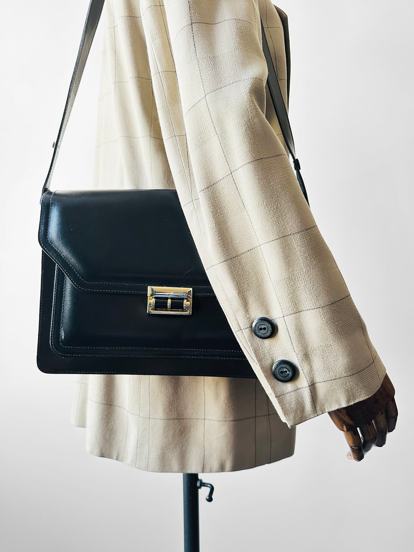 1970s Black Leather Boxy Structured Shoulder Bag