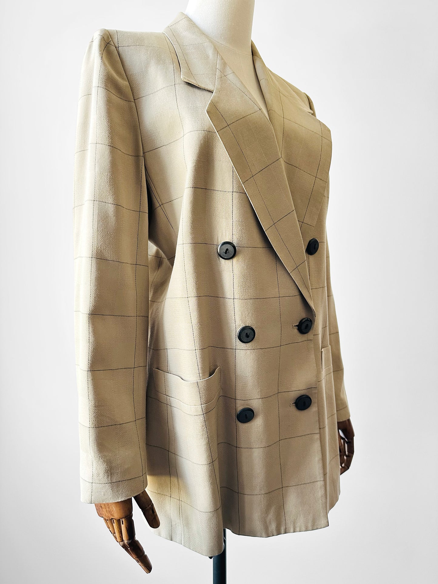 1980s - 1990s Kasper Light Beige Check Double-Breasted Blazer Jacket - Sz. S/M