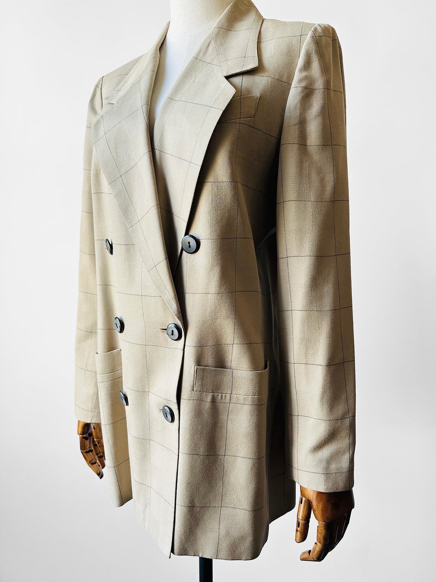 1980s - 1990s Kasper Light Beige Check Double-Breasted Blazer Jacket - Sz. S/M