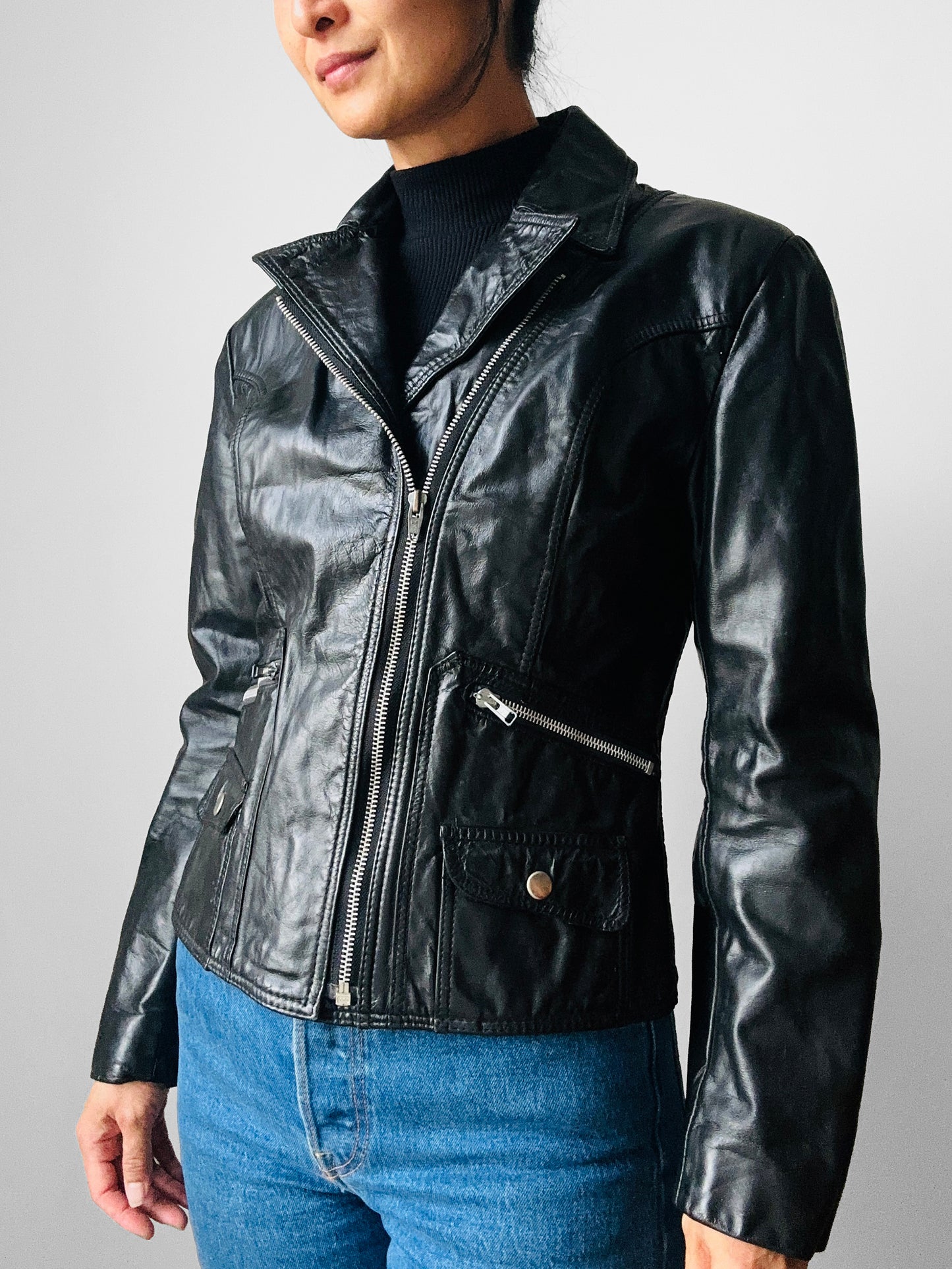 1970s - 1980s Black Asymmetrical Zippered Leather Biker Jacket - Sz. S