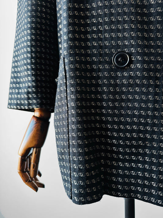 1980s Black and Silver Metallic Textured Weave Patterned Double Breasted Blazer - Sz. S/M