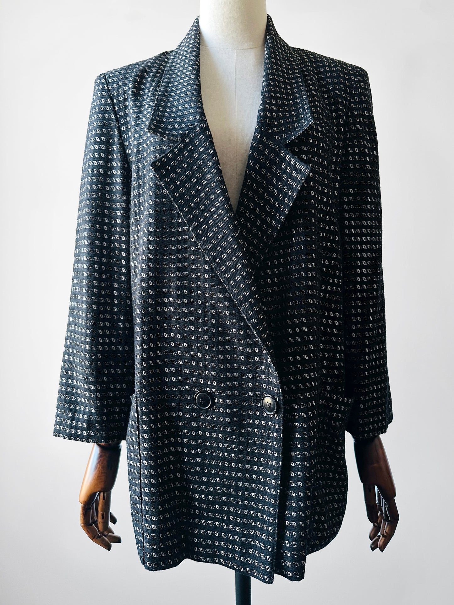 1980s Black and Silver Metallic Textured Weave Patterned Double Breasted Blazer - Sz. S/M