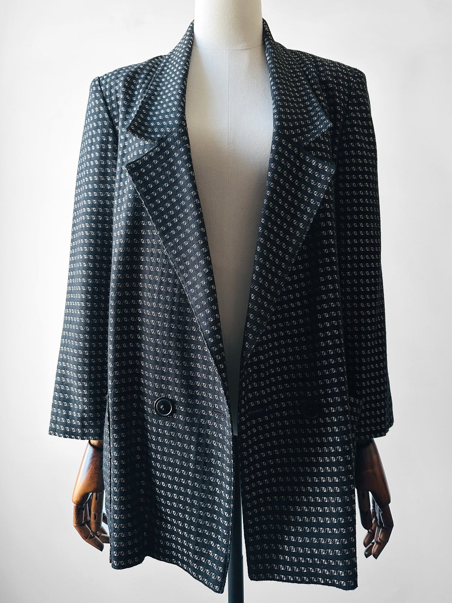 1980s Black and Silver Metallic Textured Weave Patterned Double Breasted Blazer - Sz. S/M