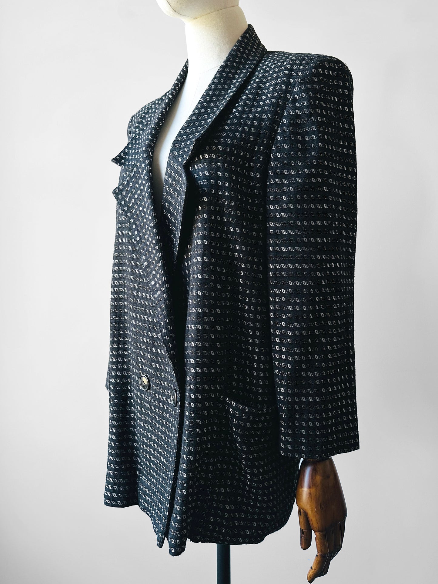 1980s Black and Silver Metallic Textured Weave Patterned Double Breasted Blazer - Sz. S/M