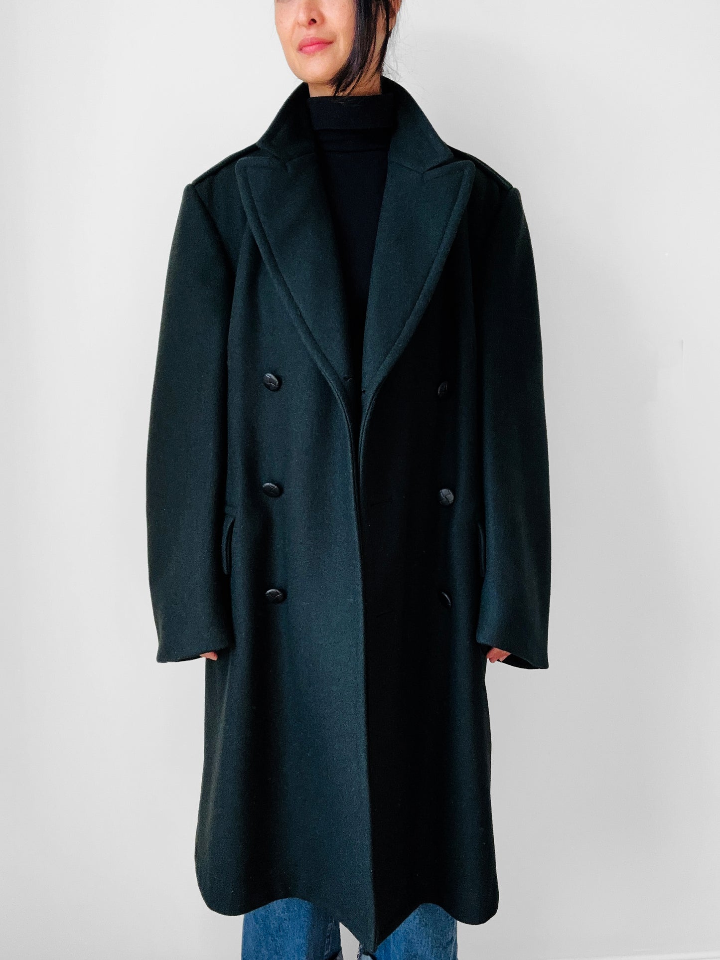 Hunter Green Double-Breasted Heavy Wool Military Trench Overcoat - Sz. M/L