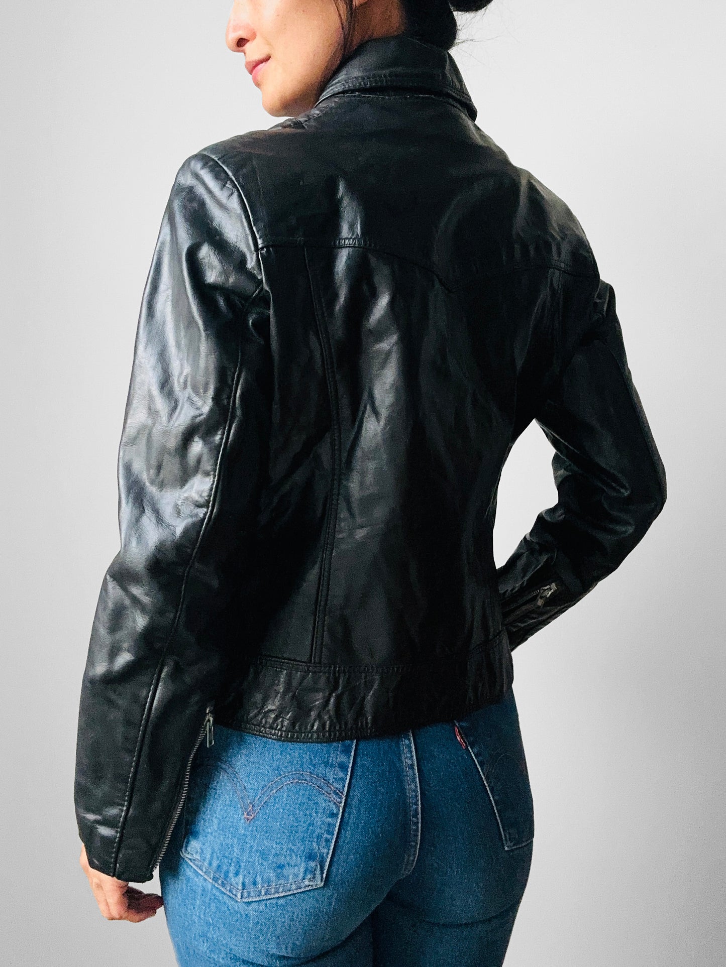 1970s - 1980s Black Asymmetrical Zippered Leather Biker Jacket - Sz. S